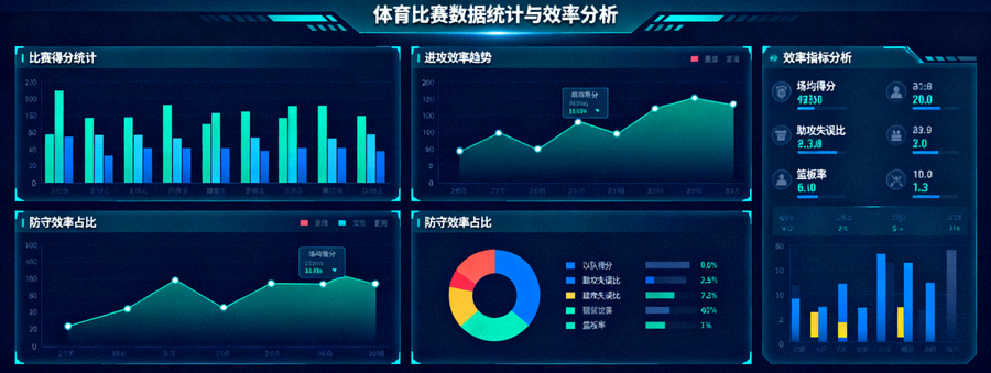 体育比赛数据统计图表与效率指标分析界面